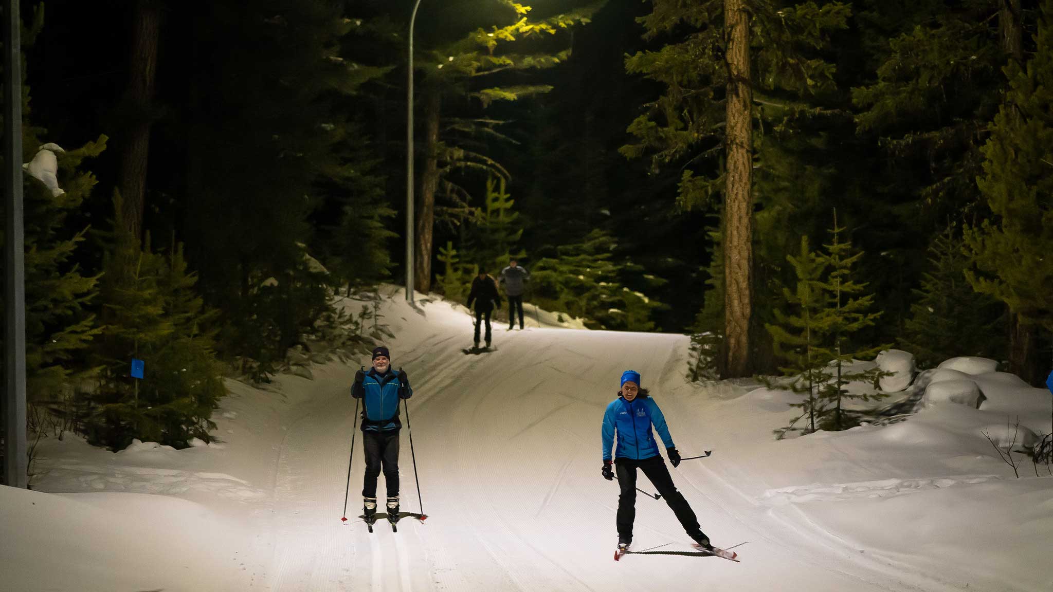 Nordic skiers at Mile Nordics at night